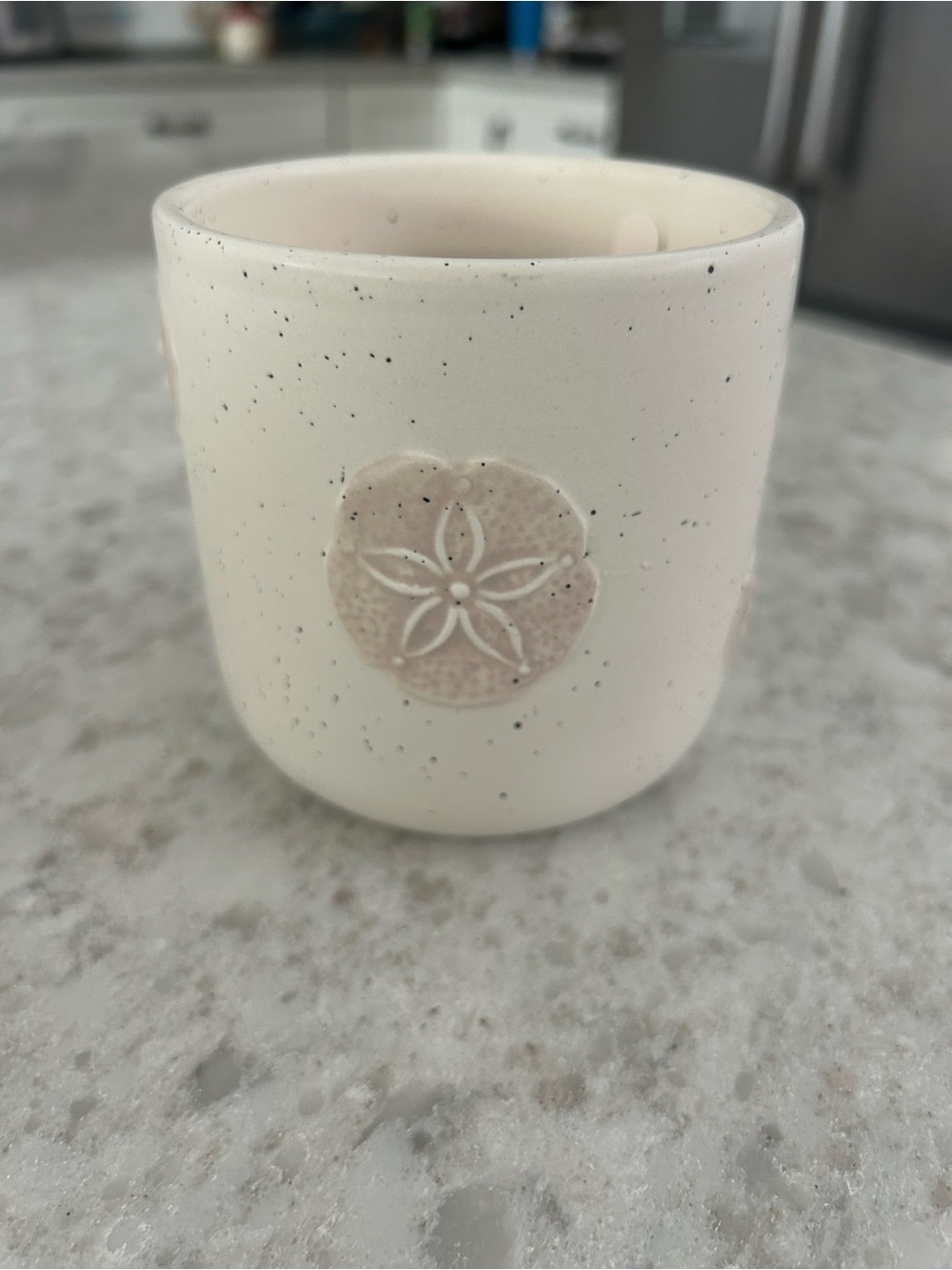 “New” DW Home Cream Speckled Ceramic Candle with Sand Dollar Accents